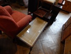 Rectangular coffee table with glass top, nest of trio coffee tables, dwarf bookcase,