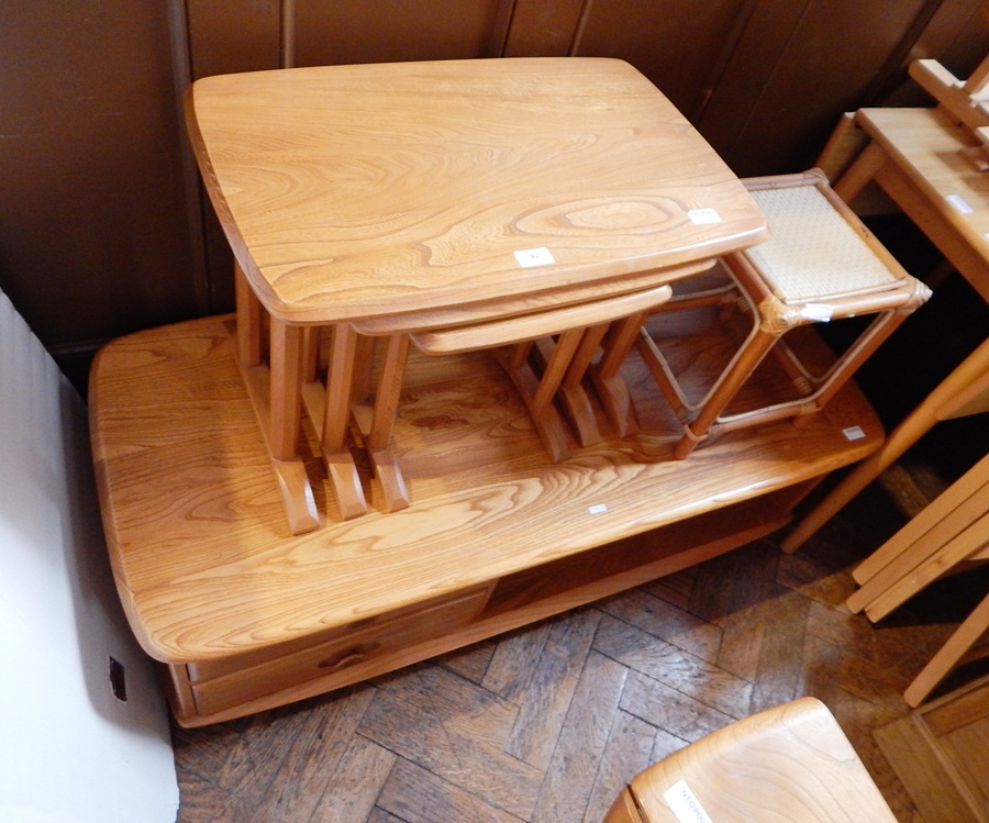 Ercol style elm low coffee table unit, rounded rectangular with two short drawers, - Image 2 of 2