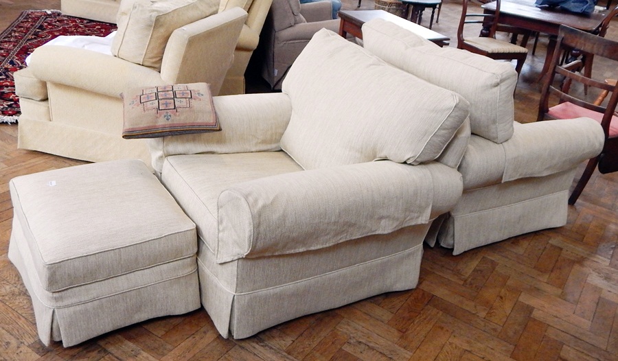 Two cream weave armchairs with a footstool - Image 2 of 2