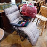 Two folding metal garden chairs, director's-style chair, sheepskin rug cushion,