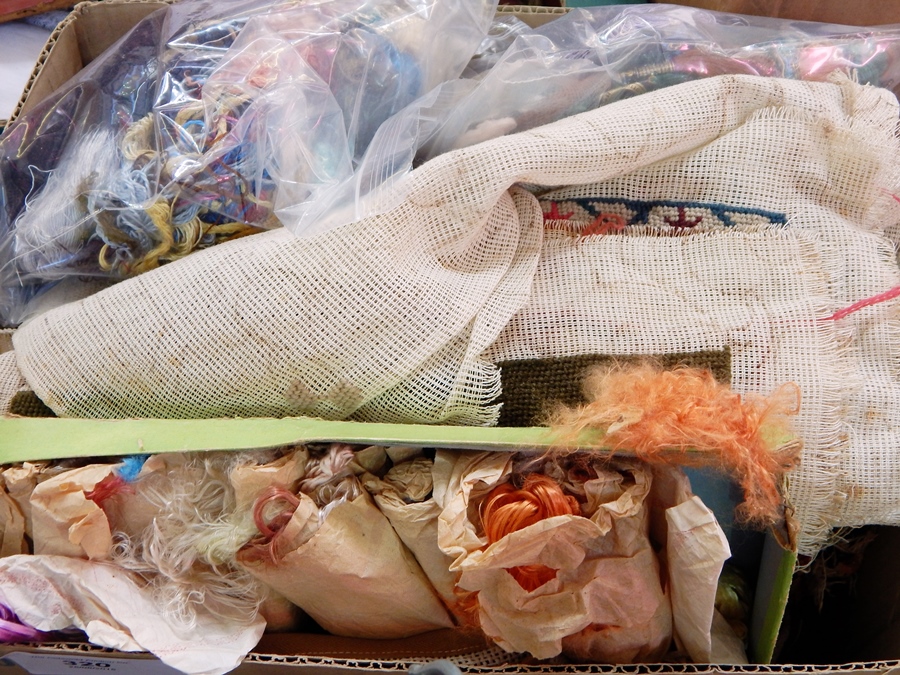 A quantity of half-made and unmade tapestries, embroidery silks, remnants, etc. (1 box)  Live