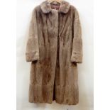 A light brown full-length vintage fur coat with half belt (SS)  Live Bidding: If you would like a