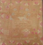 A sampler by Ann Laidlaw, aged 9, 1848/3(?), pink, cream and pale blue embroidery, 30cm x 28cm