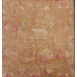 A sampler by Ann Laidlaw, aged 9, 1848/3(?), pink, cream and pale blue embroidery, 30cm x 28cm