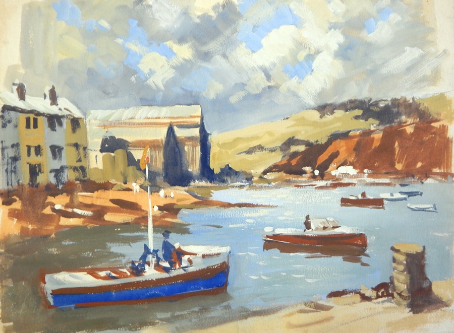 Harry Riley (1895-1966)
Bodycolour drawing
Estuary scene with boats in foreground, 38cm x 51cm,