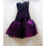 A David Fielden 1980's puff-ball cocktail dress, purple net with black velvet and lace applique with