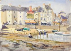 Harry Riley (1895-1966)
Watercolour drawing
French harbour scene with figure seated in foreground,