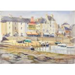 Harry Riley (1895-1966)
Watercolour drawing
French harbour scene with figure seated in foreground,