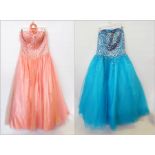 Prom dresses, one turquoise, full net and satin skirt with stiff petticoats, strapless bodice