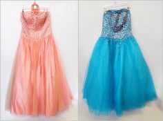 Prom dresses, one turquoise, full net and satin skirt with stiff petticoats, strapless bodice