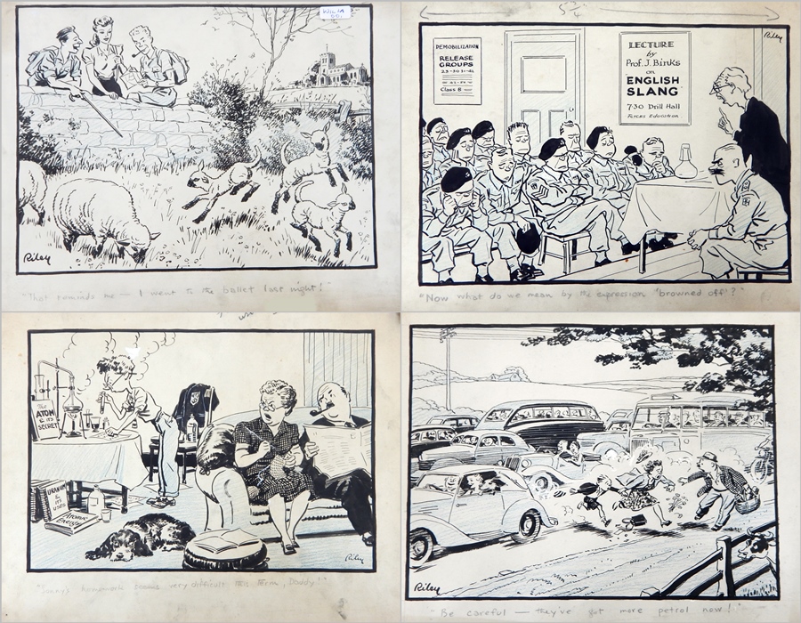 Harry Riley (1895-1966)
Pen and ink cartoons
"Be careful they've got more petrol now", signed,