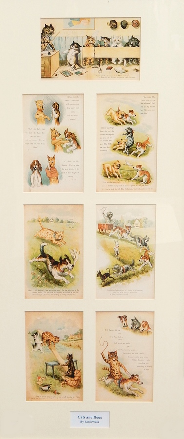 Louis Wain 
Series of small prints framed as one, "Cats and Dogs"  Live Bidding: If you would like a