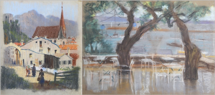 Harry Riley (1895-1966)
Pastel drawings
"Austria", a town scene, dated verso 1958, 52cm x 44cm 
"