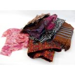 Quantity of scarves, sarongs and a velvet and tweed scarf marked Jenny Edwards Moss (1 box) Live