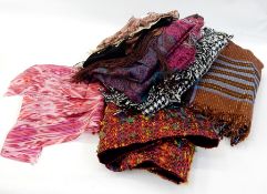 Quantity of scarves, sarongs and a velvet and tweed scarf marked Jenny Edwards Moss (1 box) Live