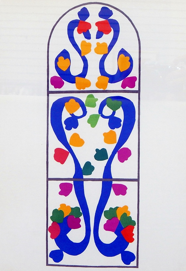 Two prints in the style of Matisse, showing abstract stained glass window 25cm x 35cm Live