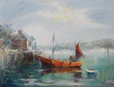 Angus Hawkins
Oil on board 
"Padstow Quays" signed and dated 1978, 56cm x 45cm 
 Live Bidding: If