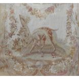 A fragment of woven material, possibly 18th century, showing a hunting dog with a hare, within a