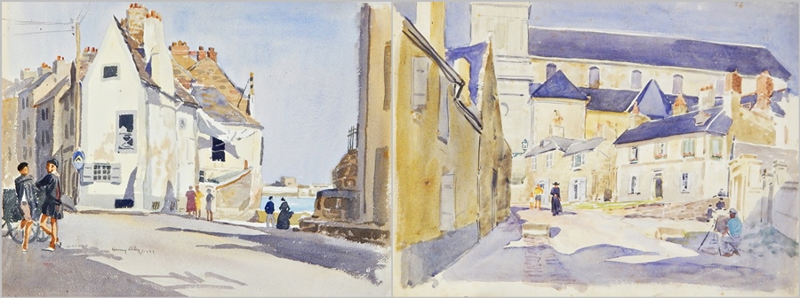Harry Riley (1895-1966)
Watercolour drawings
"Near Saint-Malo", French street scene with figures,