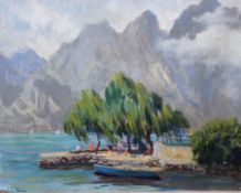 Harry Riley (1895-1966)
Oil on Board
"Lake Garda", figures on a jetty, signed, 39cm x 49cm