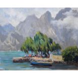 Harry Riley (1895-1966)
Oil on Board
"Lake Garda", figures on a jetty, signed, 39cm x 49cm