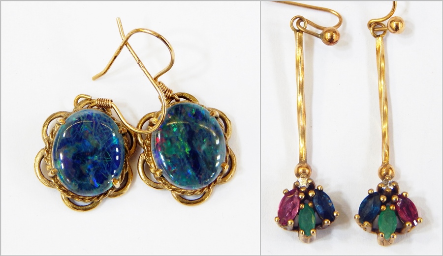 Pair gold and stone set drop earrings, each set diamond, ruby, emerald and sapphire and a pair