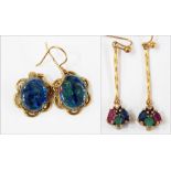 Pair gold and stone set drop earrings, each set diamond, ruby, emerald and sapphire and a pair