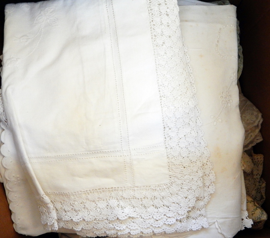 A quantity of pillowcases initialled, with crochet and lace and drawn-thread edges, tablecloth,