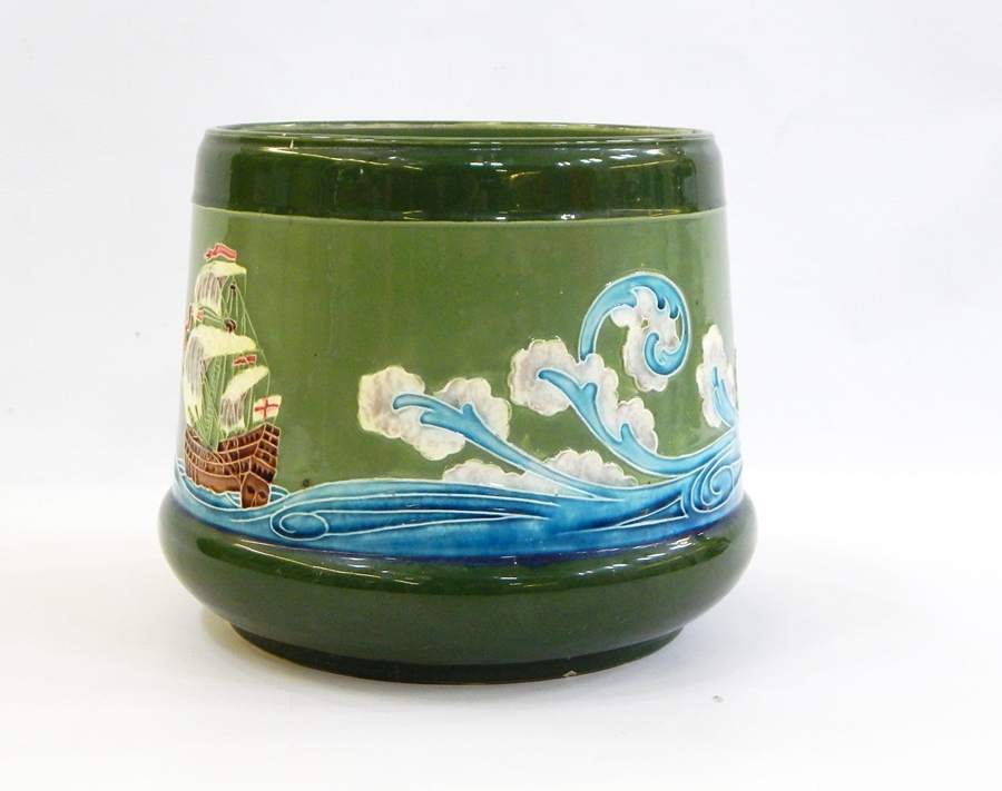 Eichwald majolica pottery jardiniere decorated with sailing galleon and waves, on a green ground,