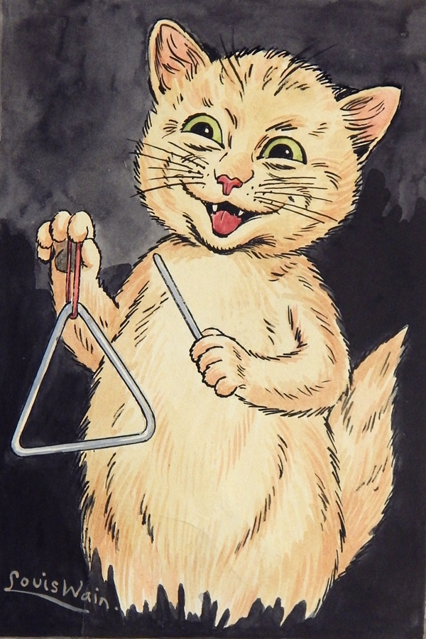Louis Wain 
Watercolour drawing
A cat playing a triangle, signed, 14cm x 20cm, unframed  Live