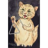 Louis Wain 
Watercolour drawing
A cat playing a triangle, signed, 14cm x 20cm, unframed  Live