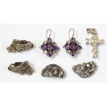 Pair amethyst and silver earrings, white stone set cross, marcasite and other jewellery  Live