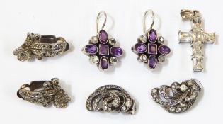 Pair amethyst and silver earrings, white stone set cross, marcasite and other jewellery  Live
