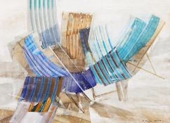 F Donald Blake (1908-1997) 
Watercolour and gouache 
Deckchairs on a beach, signed, 34cm x 47cm