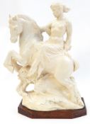 Charles Vyse glazed cream earthenware group, semi-clad maiden on horseback leaping over fish
