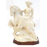 Charles Vyse glazed cream earthenware group, semi-clad maiden on horseback leaping over fish