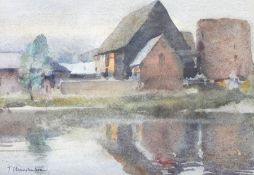 Trevor Chamberlain (b.1933) 
Watercolour drawing 
"Farm Pond, Datchworth" with farm buildings,