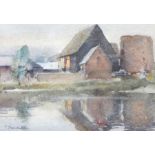 Trevor Chamberlain (b.1933) 
Watercolour drawing 
"Farm Pond, Datchworth" with farm buildings,