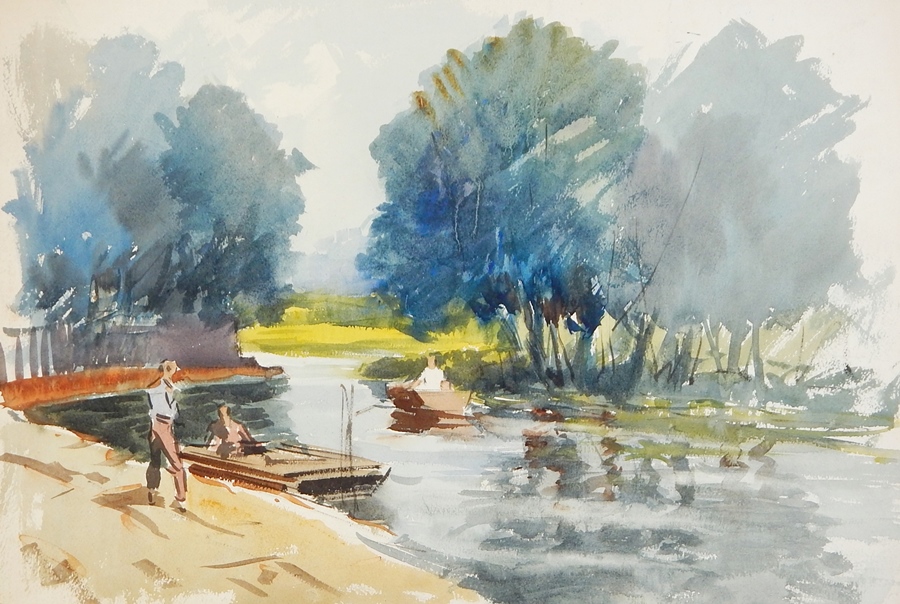 Harry Riley (1895-1966)
Watercolour
Sheep grazing in a field, 33cm x 50cm
Watercolour
"Rowing on a - Image 4 of 5