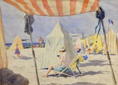 Harry Riley (1895-1966)
Watercolour drawing
"Changing tents, Dinard, 1950", figures on a beach, 33cm