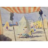 Harry Riley (1895-1966)
Watercolour drawing
"Changing tents, Dinard, 1950", figures on a beach, 33cm