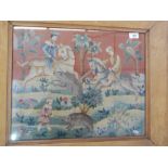 A tapestry showing a hunting scene with mounted horsemen and boar in a landscape, 40cm x 49.5cm,