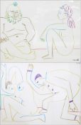 Two Cubist style prints, style of Picasso, man and woman sitting  and man and woman fighting 25cm