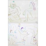 Two Cubist style prints, style of Picasso, man and woman sitting  and man and woman fighting 25cm