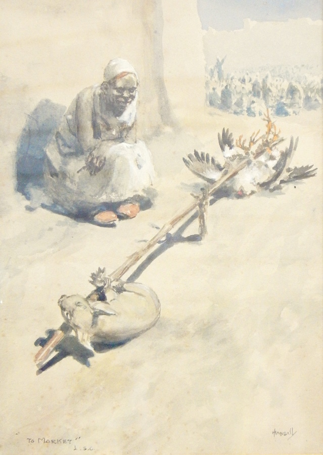 John Hassall (1868-1948)
Watercolour drawing
"To Market", farmer in Arabic dress with animals on
