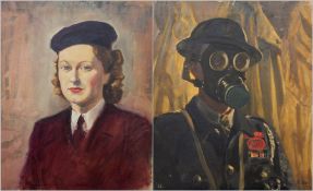 Harry Riley (1895-1966)
Oil on canvas
"The Gas Mask ARP", dated verso 1947, 61cm x 51cm unframed
Oil