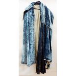 Edwardian pale blue crushed velvet cloak with hood and button fastening, it has two bi-coloured