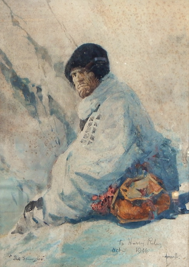 John Hassall (1868-1948) 
Watercolour drawing
"The Smuggler", man in cape, seated, signed and