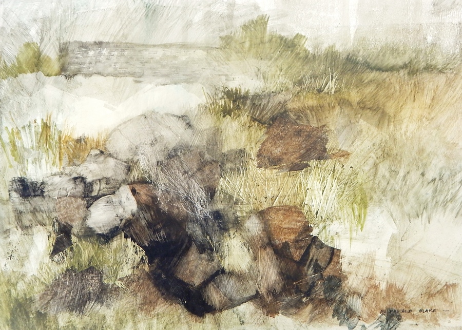 F Donald Blake (1908-1997)
Water and bodycolour
Rocky moorland, signed, mounted, unframed, 34cm x - Image 2 of 3