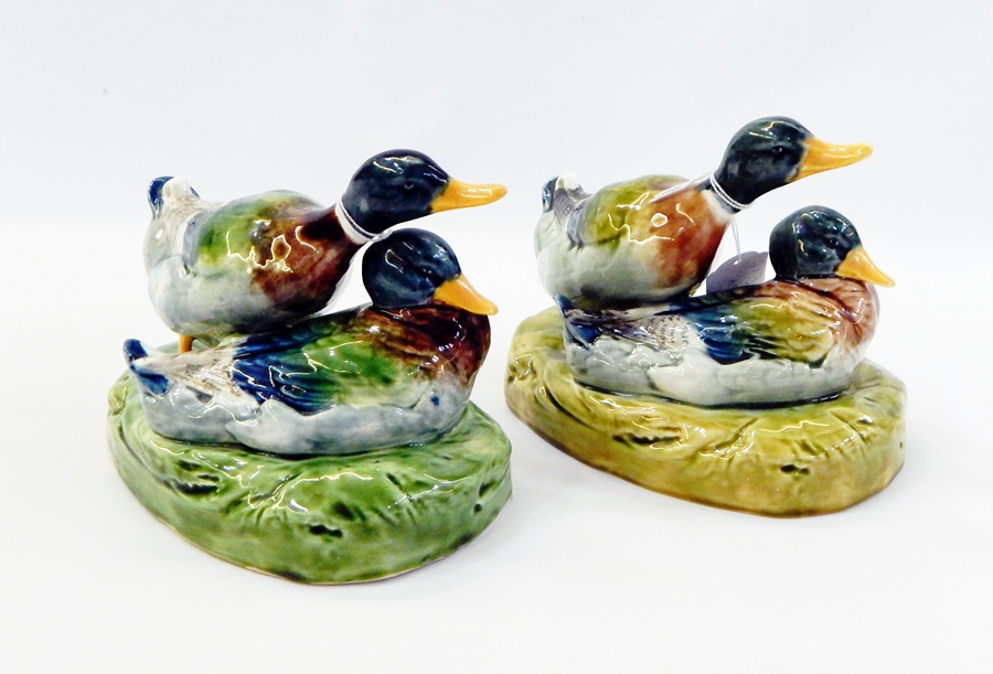 Pair Czechoslovakian pottery groups each of two ducks, Wedgwood pottery green glazed reproduction